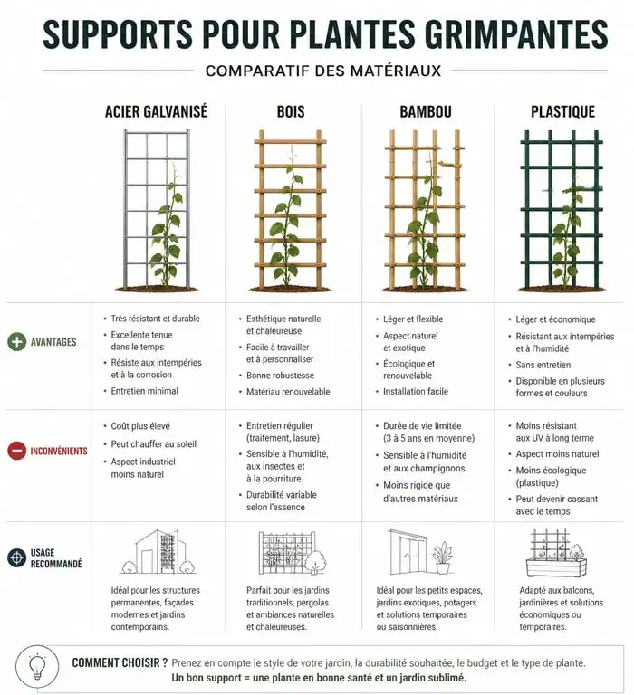 Tableau comparatif des matériaux pour support plante grimpante : acier, bois, bambou et plastique