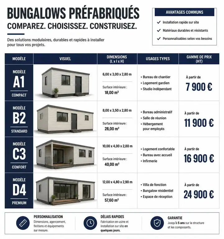 Infographie comparative des modèles de bungalows préfabriqués et leurs usages