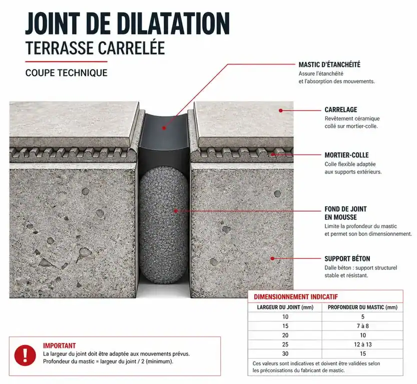 Schéma technique d'un joint de dilatation terrasse extérieur
