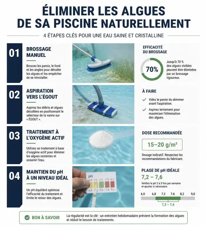 Infographie des étapes pour enlever les algues de piscine naturellement