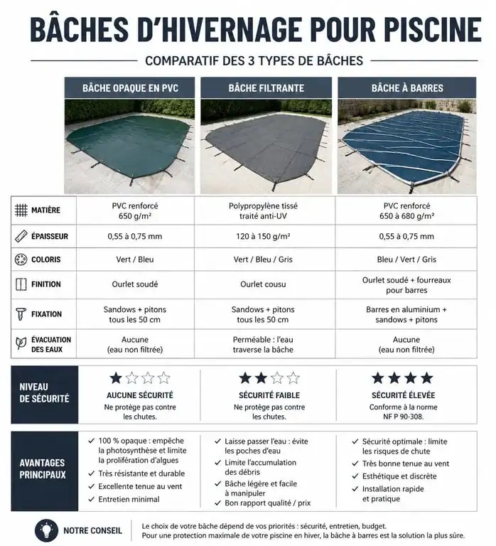 Comparatif des différents types de bâches d'hivernage pour piscine : opaque, filtrante et à barres
