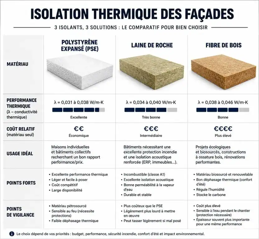 Comparatif des isolants pour crépi isolant : polystyrène, laine de roche et fibre de bois