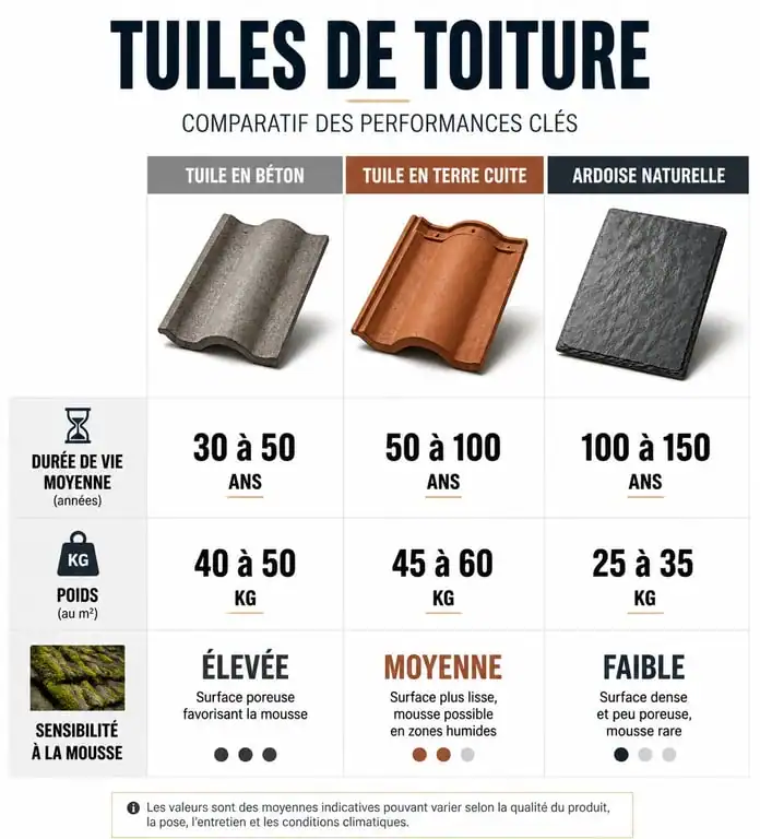 Comparatif durée de vie et caractéristiques tuiles béton, terre cuite et ardoise