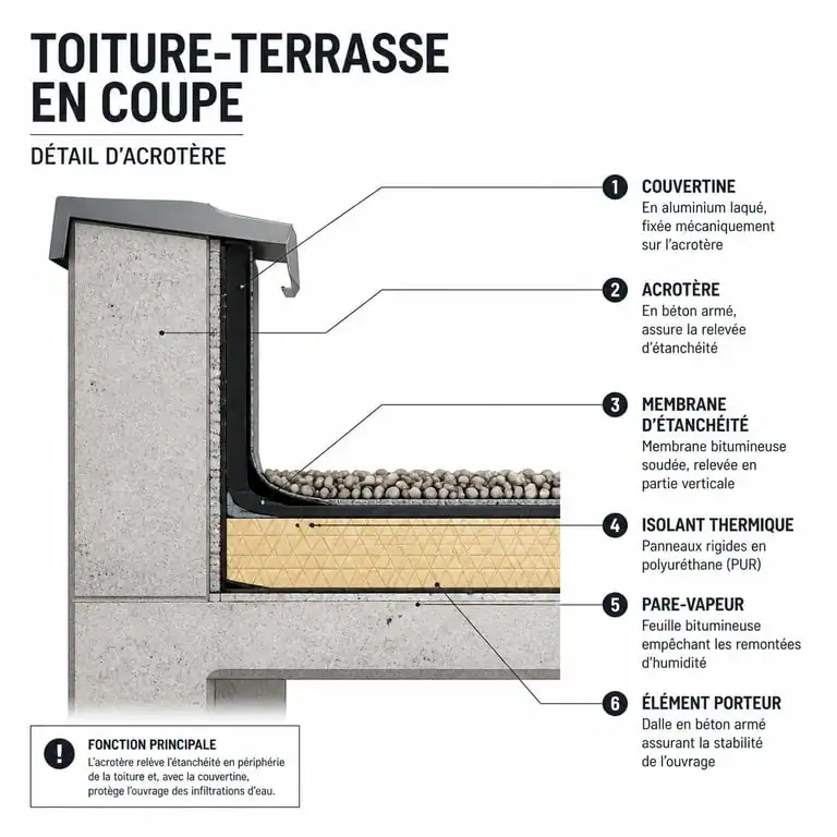 Schéma technique en coupe d'un acrotère de toiture terrasse avec étanchéité