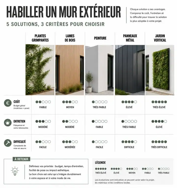 Infographie comparative des solutions pour cacher un mur extérieur : plantes, bois, peinture et métal