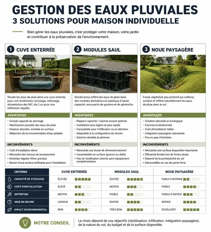 Comparatif des solutions de bassin de rétention pour maison individuelle : cuve, SAUL et noue paysagère
