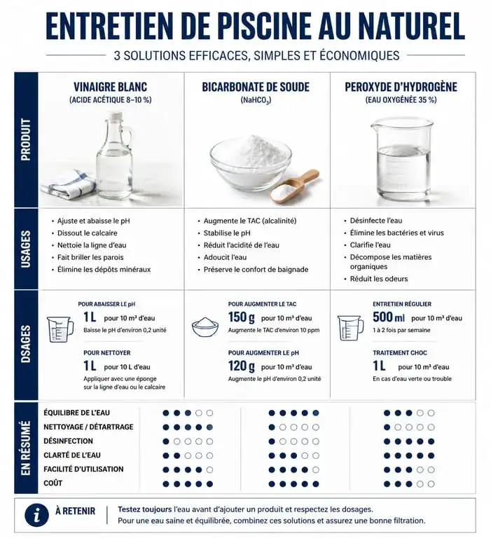 Infographie comparative des solutions naturelles pour l'entretien de piscine et le traitement vinaigre blanc piscine