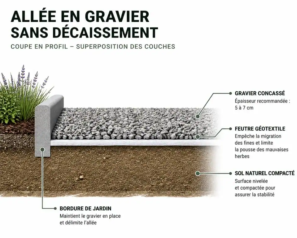 Schéma technique de pose de gravier sans décaissement
