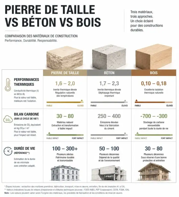 Infographie comparative des performances des matériaux de construction : pierre de taille, béton et bois