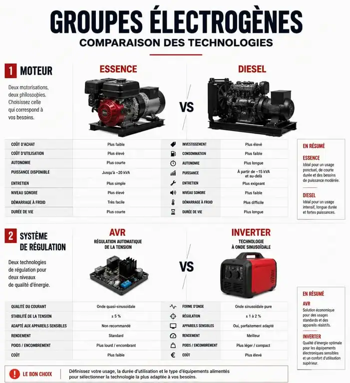 Infographie comparative des technologies de groupes électrogènes pour chantier