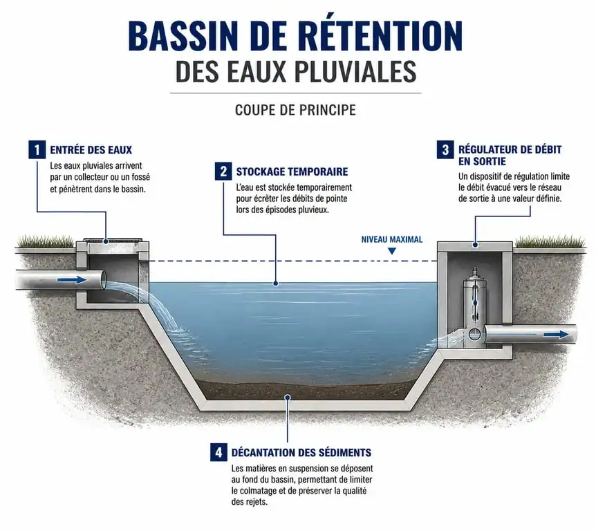 Schéma de fonctionnement d'un bassin de rétention des eaux pluviales