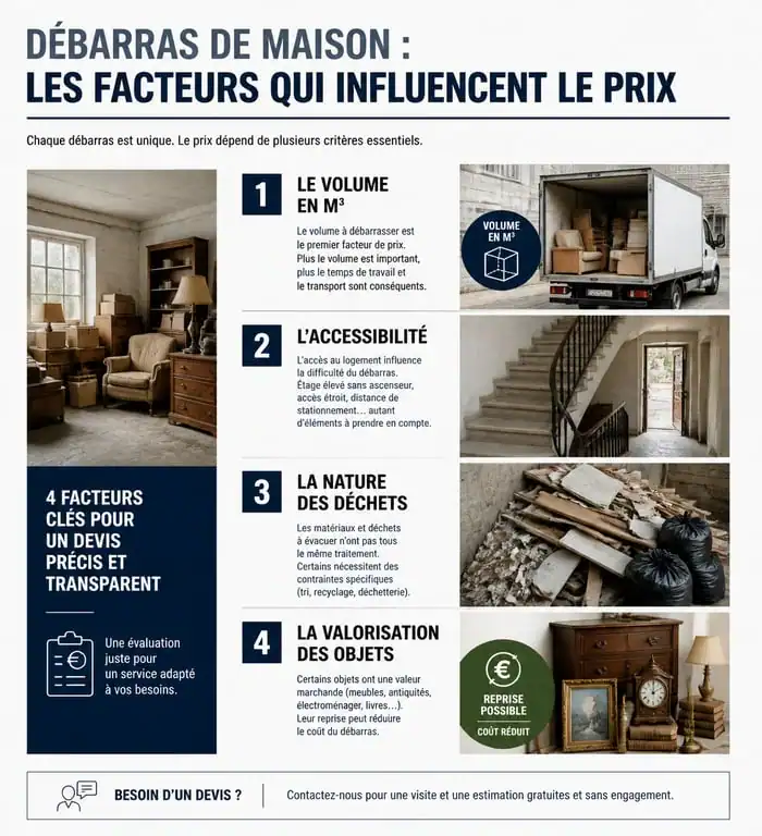 Infographie des facteurs influençant le prix d'un devis de débarras de maison