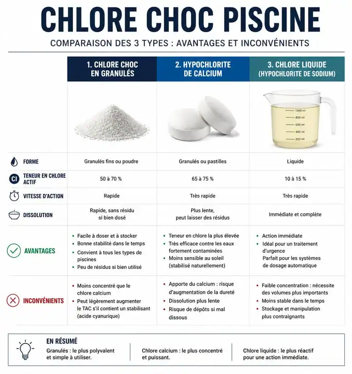 Comparatif des types de chlore choc pour piscine : granulés, hypochlorite de calcium et chlore liquide