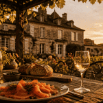 maison bardé bastide pierre table saumon vin