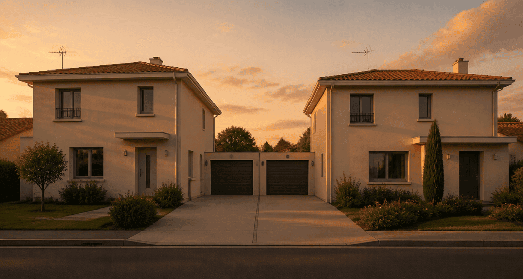 Maison mitoyenne par le garage moderne en soirée