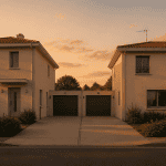 Maison mitoyenne par le garage moderne en soirée