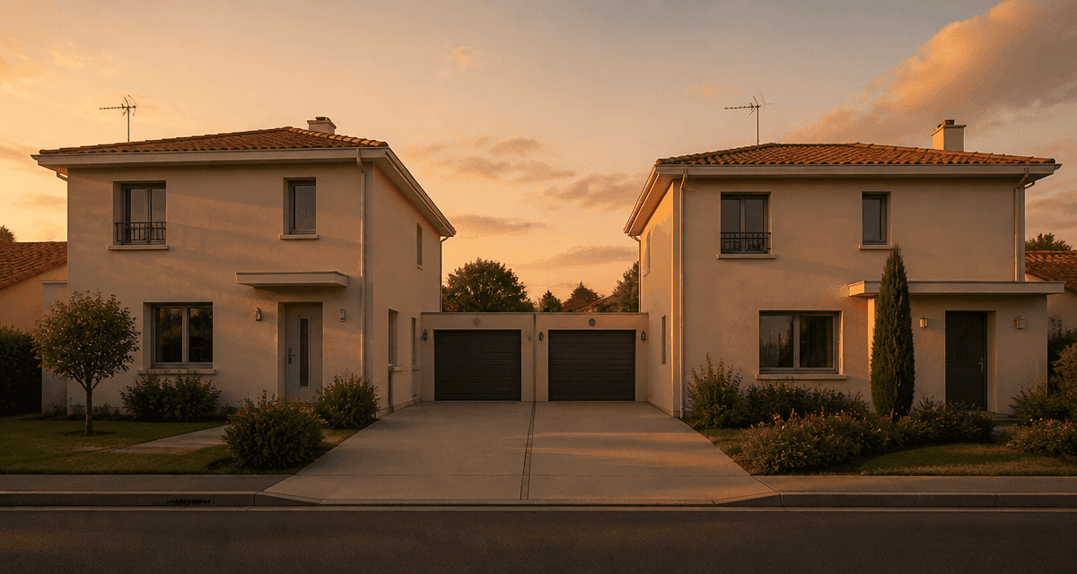 Maison mitoyenne par le garage moderne en soirée
