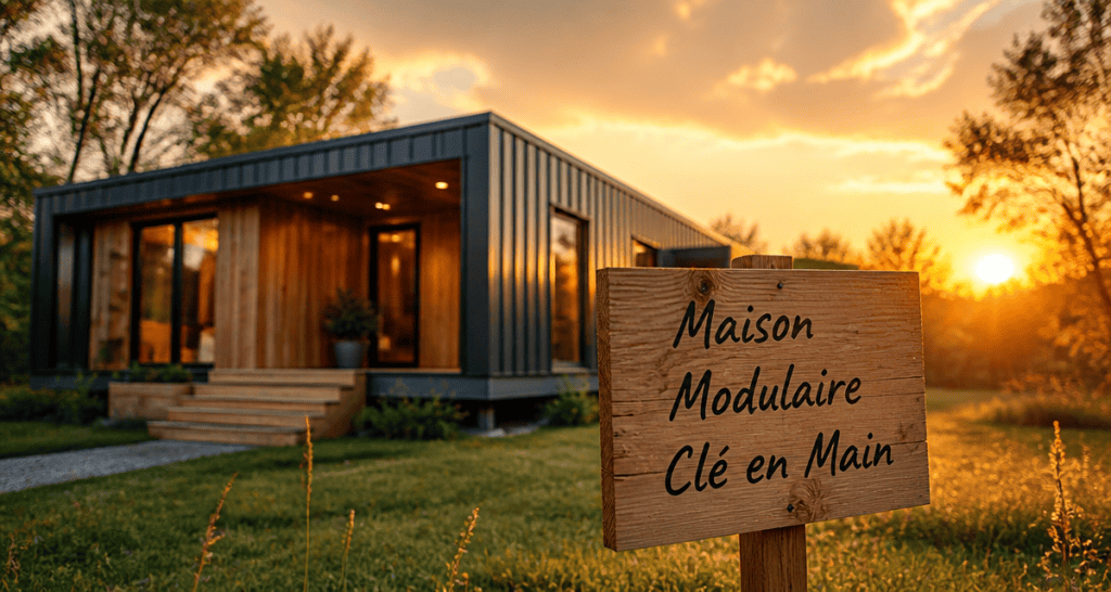 maison modulaire prix clé en main devant panneau chantier