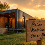 maison modulaire prix clé en main devant panneau chantier