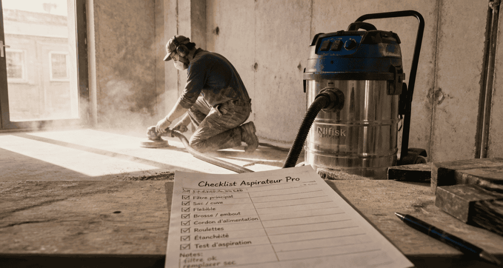 meilleur aspirateur de chantier professionnel utilisé avec ponceuse sur chantier