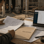 proxi chantier artisan sur chantier avec plans et ordinateur