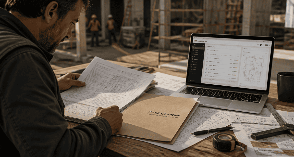 proxi chantier artisan sur chantier avec plans et ordinateur