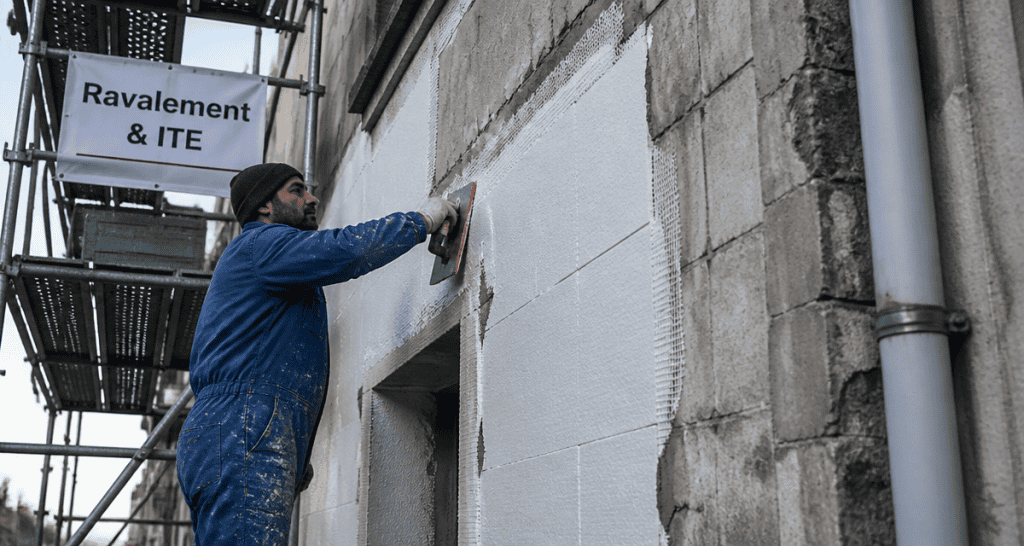 Ravalement ITE sur façade immeuble en chantier