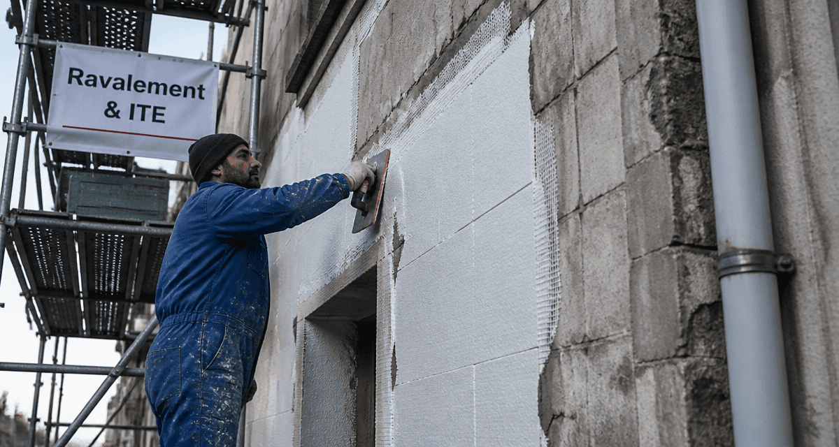 Ravalement ITE sur façade immeuble en chantier