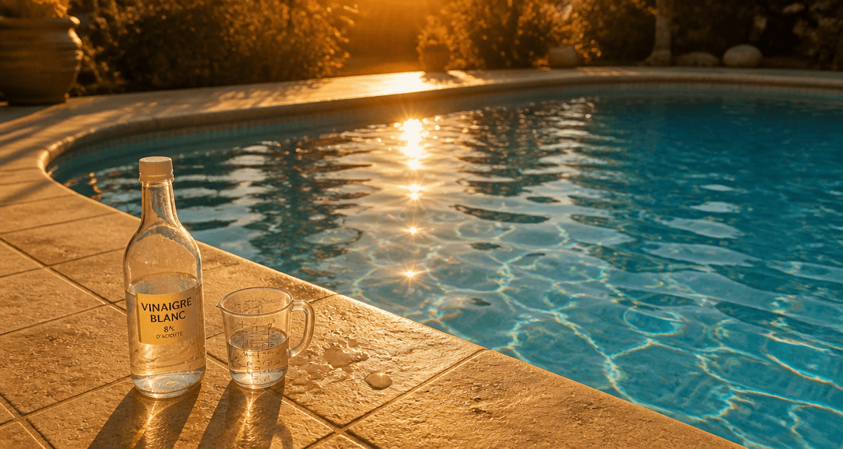 vinaigre blanc piscine bouteille rebord eau turquoise