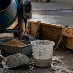 1m3 de beton : bétonnière, ciment, sable et gravier sur chantier