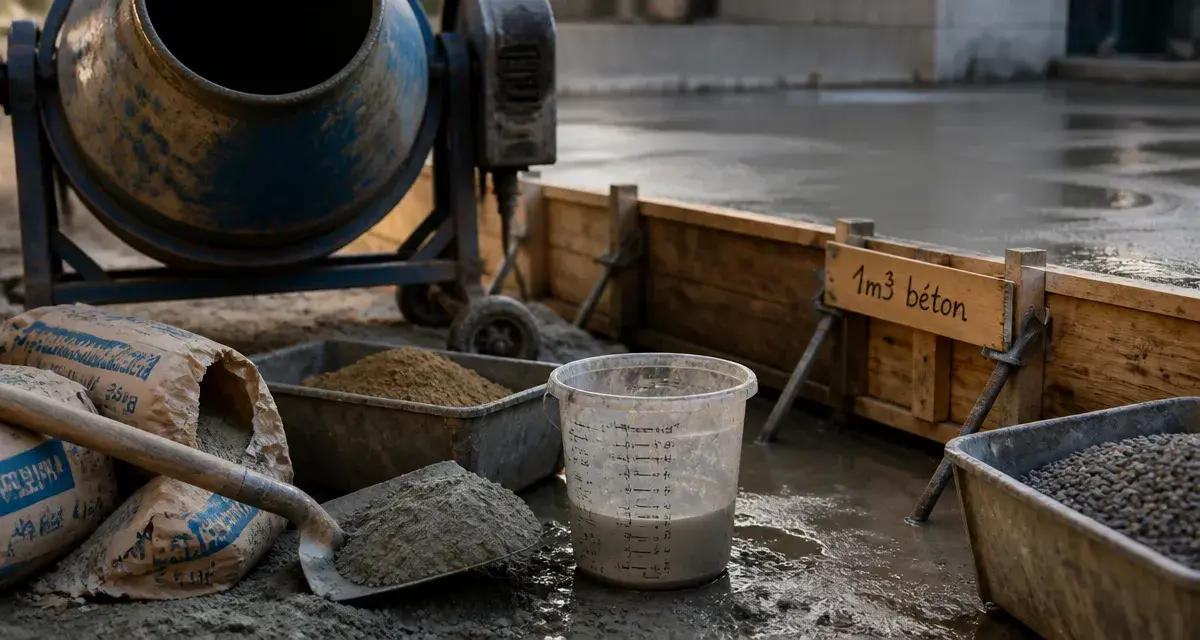 1m3 de beton : bétonnière, ciment, sable et gravier sur chantier
