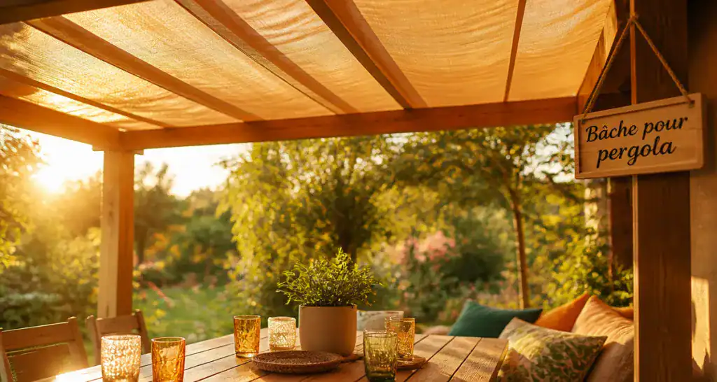 bache pour pergola en PVC beige sur terrasse