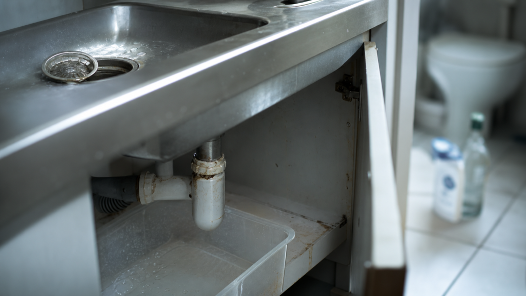 Canalisation qui pue : évier, siphon et dépôts gras visibles sous l’évier