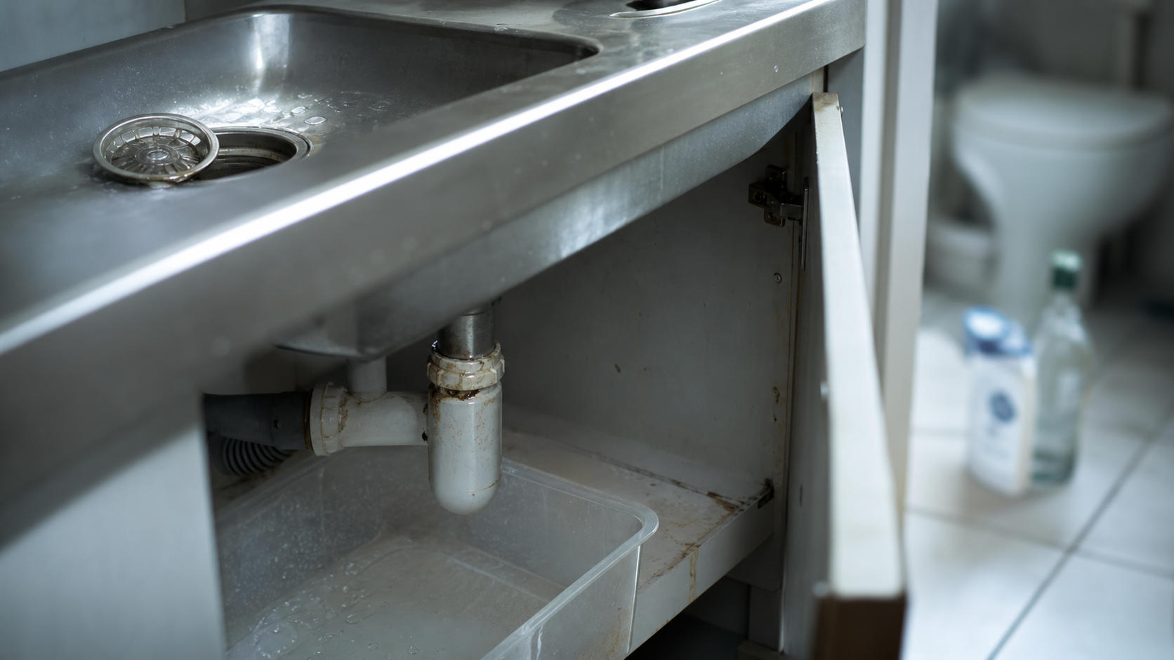Canalisation qui pue : évier, siphon et dépôts gras visibles sous l’évier