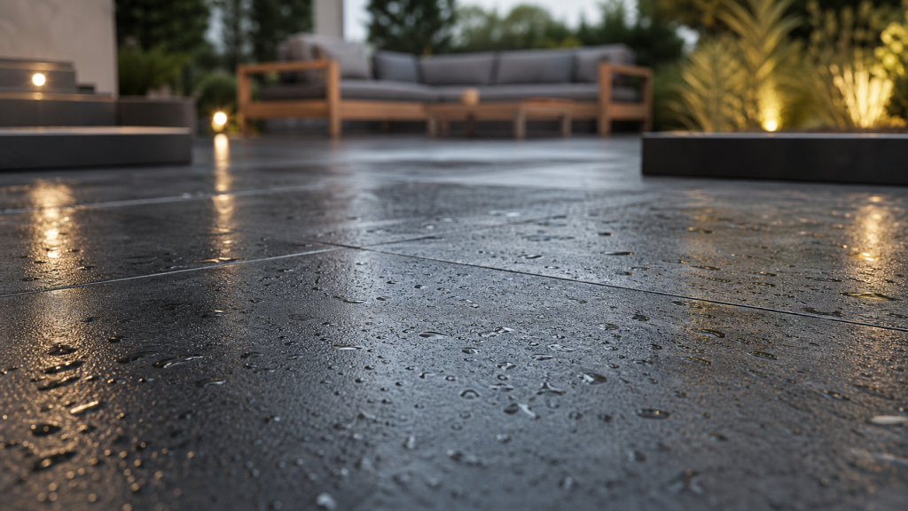 Carrelage terrasse moderne : grandes dalles effet béton gris anthracite antidérapant