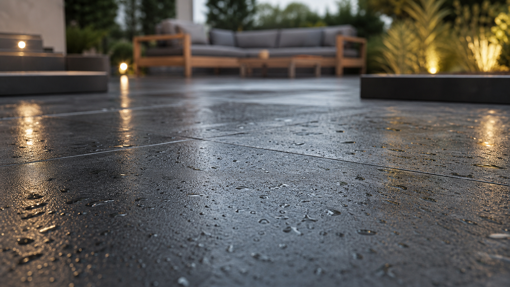 Carrelage terrasse moderne : grandes dalles effet béton gris anthracite antidérapant
