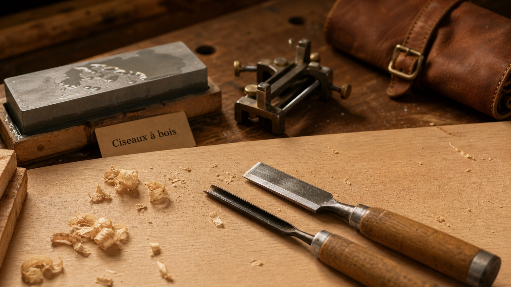 Ciseaux a bois et tranchant affûté sur établi atelier