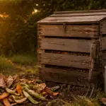 composteur jardin bois avec déchets et outils