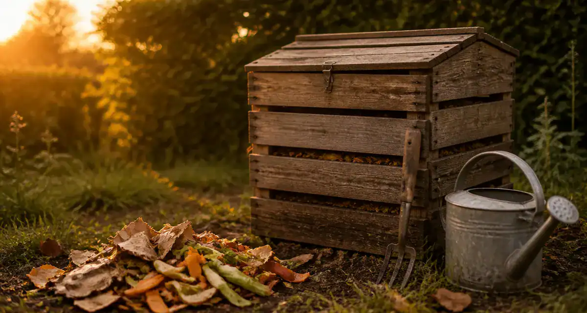 composteur jardin bois avec déchets et outils