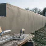 Photo de crépi muret sur muret de parpaings fraîchement appliqué