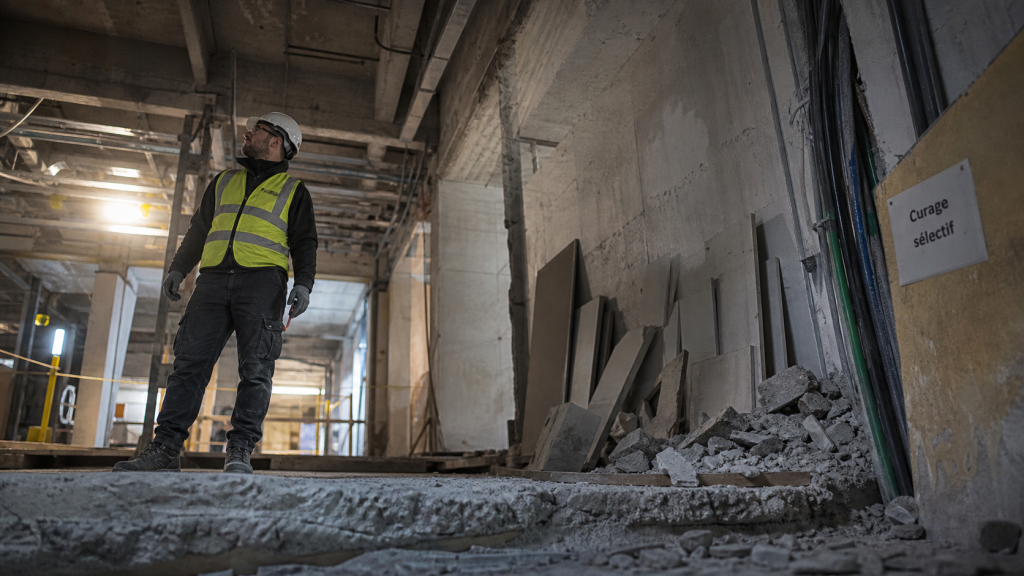 curage batiment : technicien casque et gilet près d’une dalle mise à nu