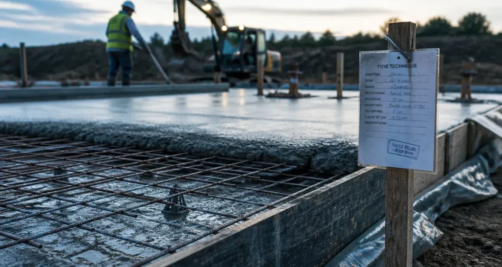 Chantier de dalle en béton armé : armatures et béton frais