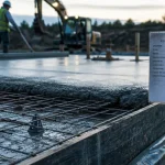 Chantier de dalle en béton armé : armatures et béton frais