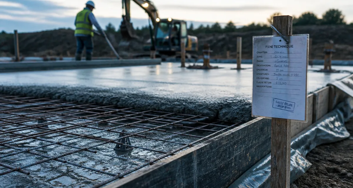 Chantier de dalle en béton armé : armatures et béton frais