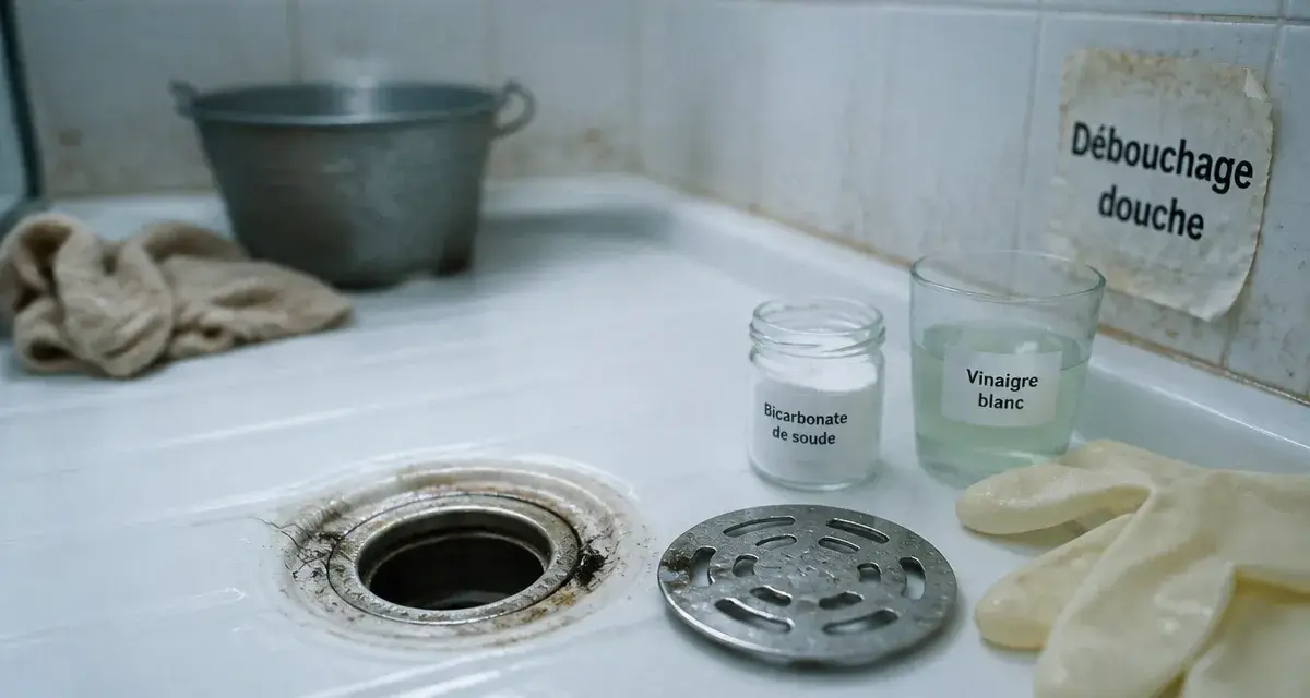 Deboucher la douche : siphon ouvert, cheveux et bicarbonate au receveur