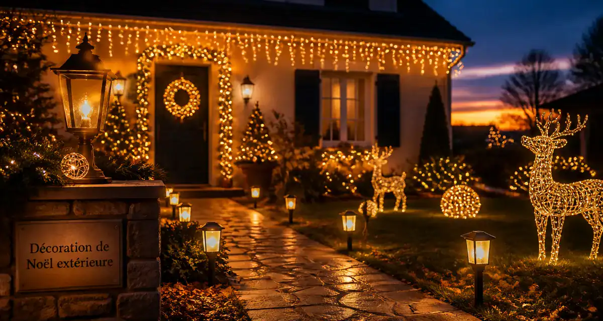 decoration noel exterieur avec guirlandes et rennes lumineux