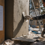 Enduit prix m2 : budget rénovation au m², mur enduit frais sur échafaudage