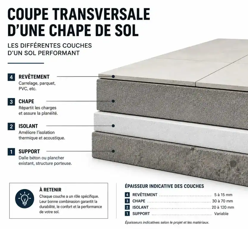 Schéma technique des couches d'une chape de sol pour le calcul des matériaux