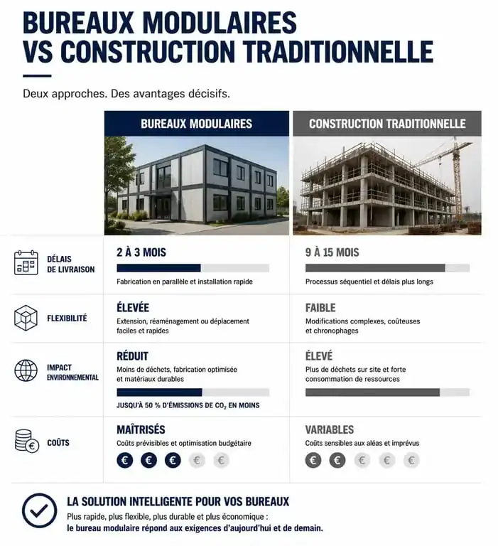 Infographie comparative : construction de bureaux modulaires versus construction traditionnelle pour les entreprises.