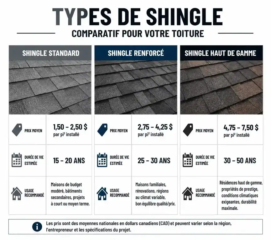 Tableau comparatif des types de shingle pour toiture : prix, durabilité et usages recommandés
